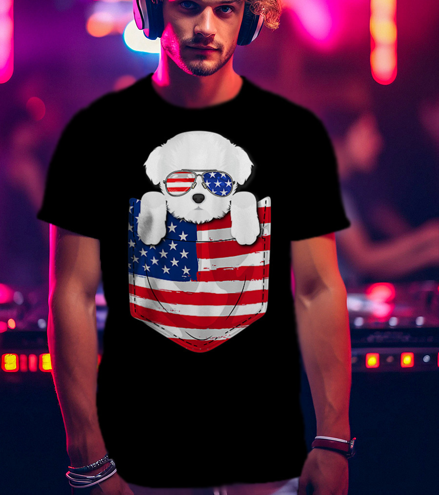 Maltese Dog Peeking Pocket American Flag Sunglasses T-Shirt