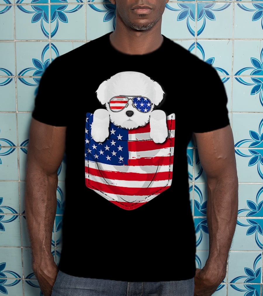 Maltese Dog Peeking Pocket American Flag Sunglasses T-Shirt
