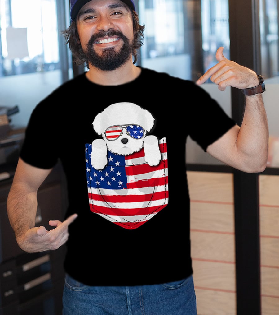 Maltese Dog Peeking Pocket American Flag Sunglasses T-Shirt