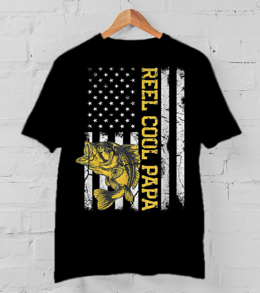 Father's Day Fishing Reel Cool Papa American Flag Bass T-Shirt
