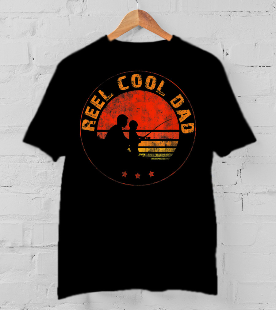 Reel Cool Dad Fishing Daddy Vintage Retro Sunset T-Shirt