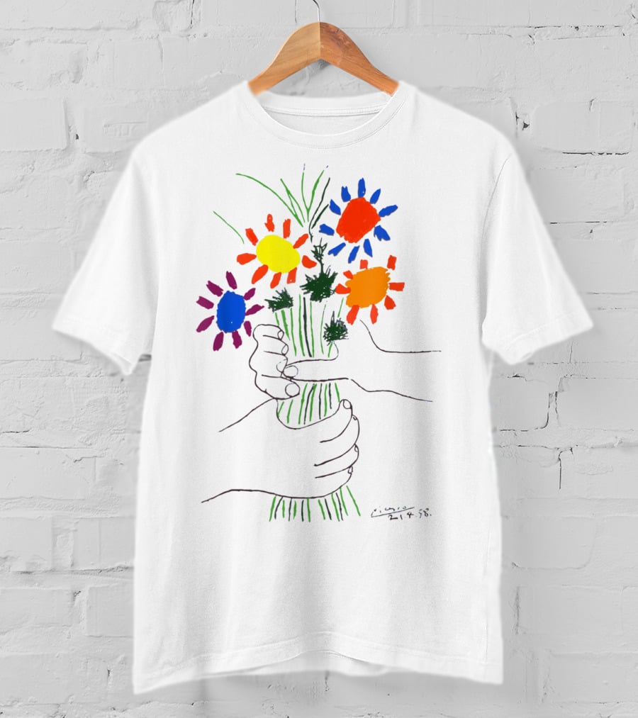 Pablo Picasso Colorful Bouquet With Hands Of Peace Signature 1958 T-Shirt
