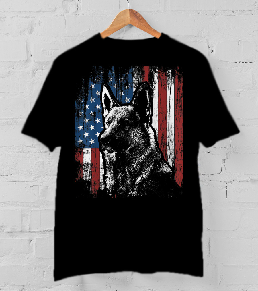 Patriotic German Shepherd With American Flag Background T-Shirt