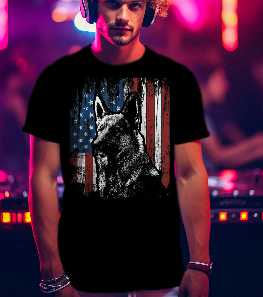 Patriotic German Shepherd With American Flag Background T-Shirt