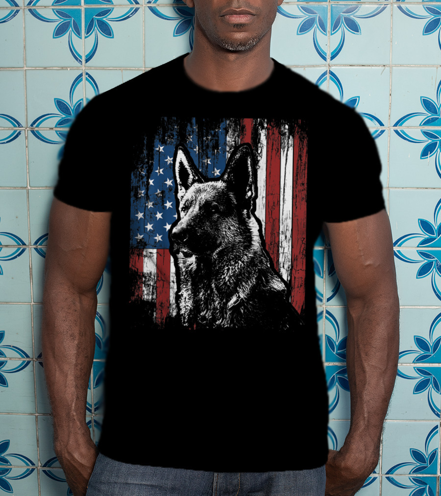 Patriotic German Shepherd With American Flag Background T-Shirt