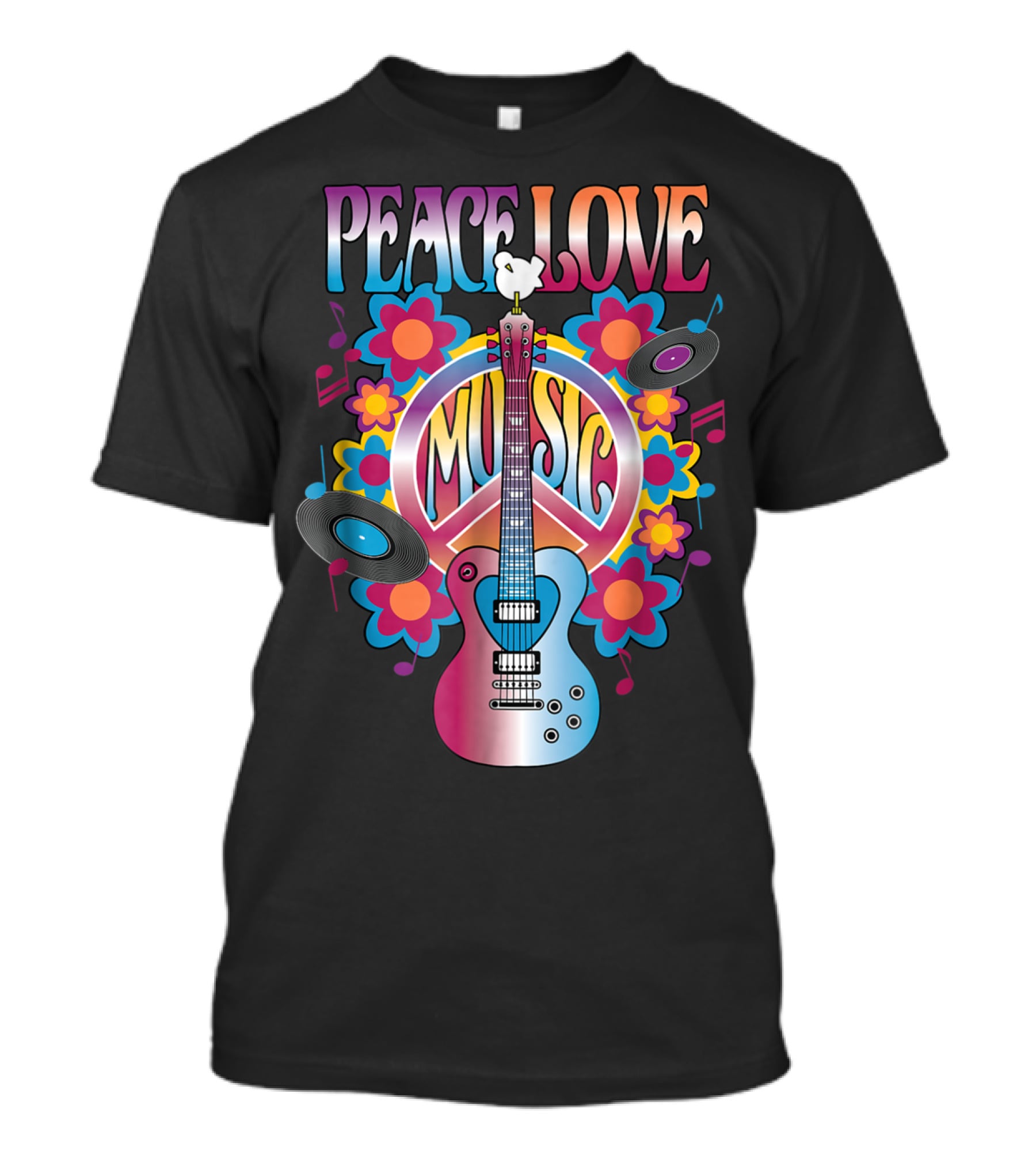 PEACE LOVE MUSIC Guitar Dove Vinyl Records Flower Symbols T-Shirt