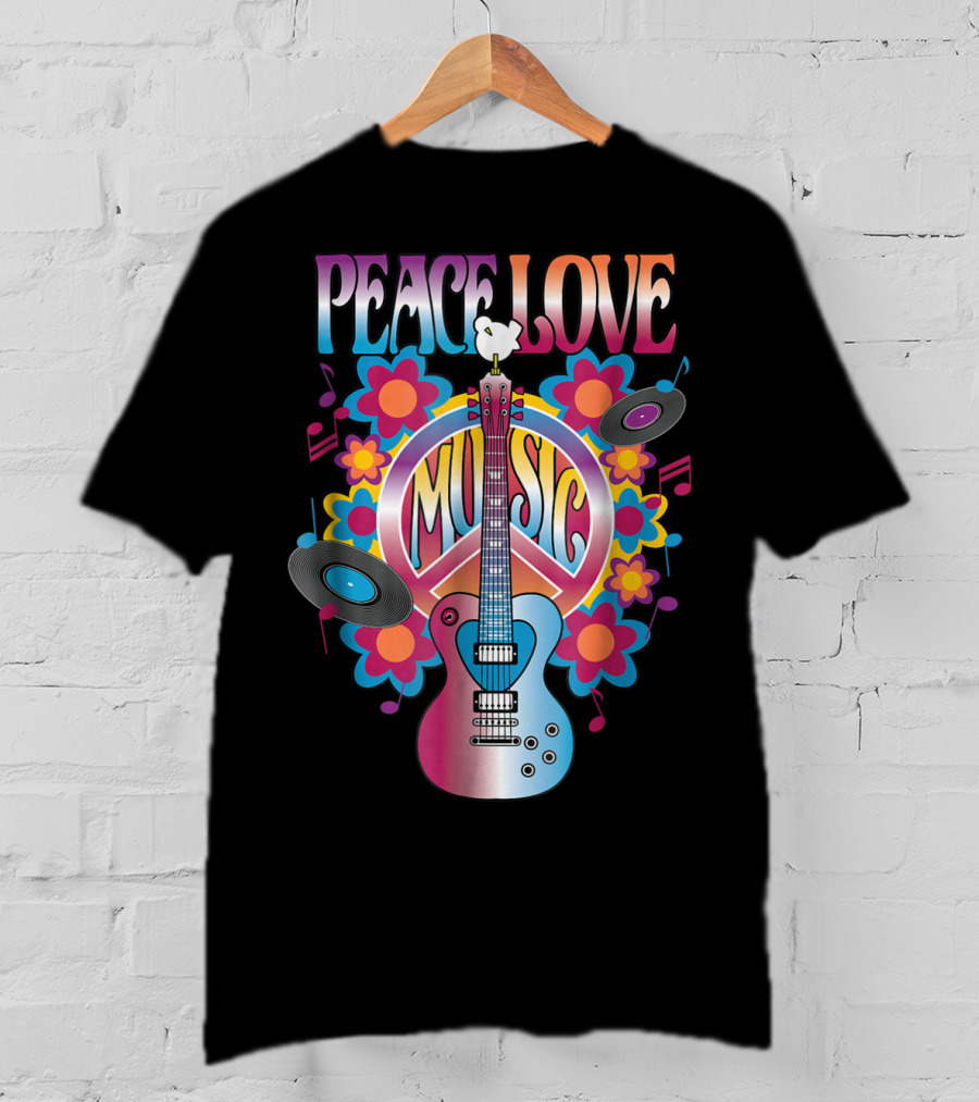 PEACE LOVE MUSIC Guitar Dove Vinyl Records Flower Symbols T-Shirt
