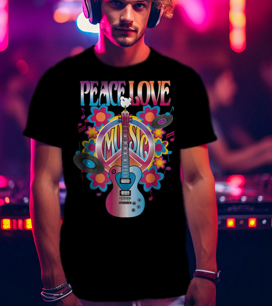 PEACE LOVE MUSIC Guitar Dove Vinyl Records Flower Symbols T-Shirt