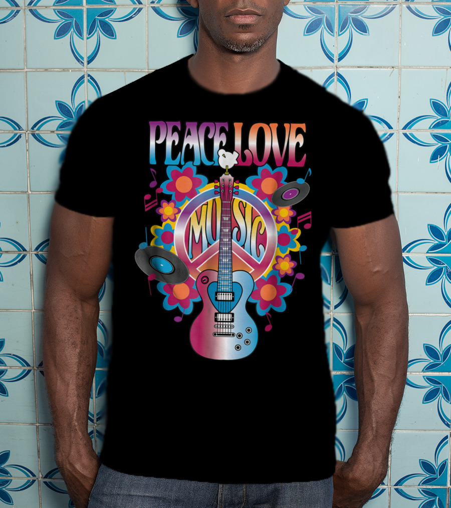 PEACE LOVE MUSIC Guitar Dove Vinyl Records Flower Symbols T-Shirt