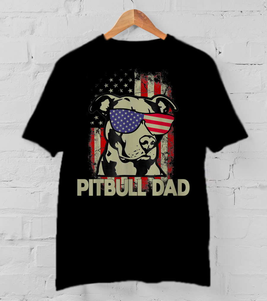 Pitbull Dad USA Flag Sunglasses American Fourth Of July T-Shirt