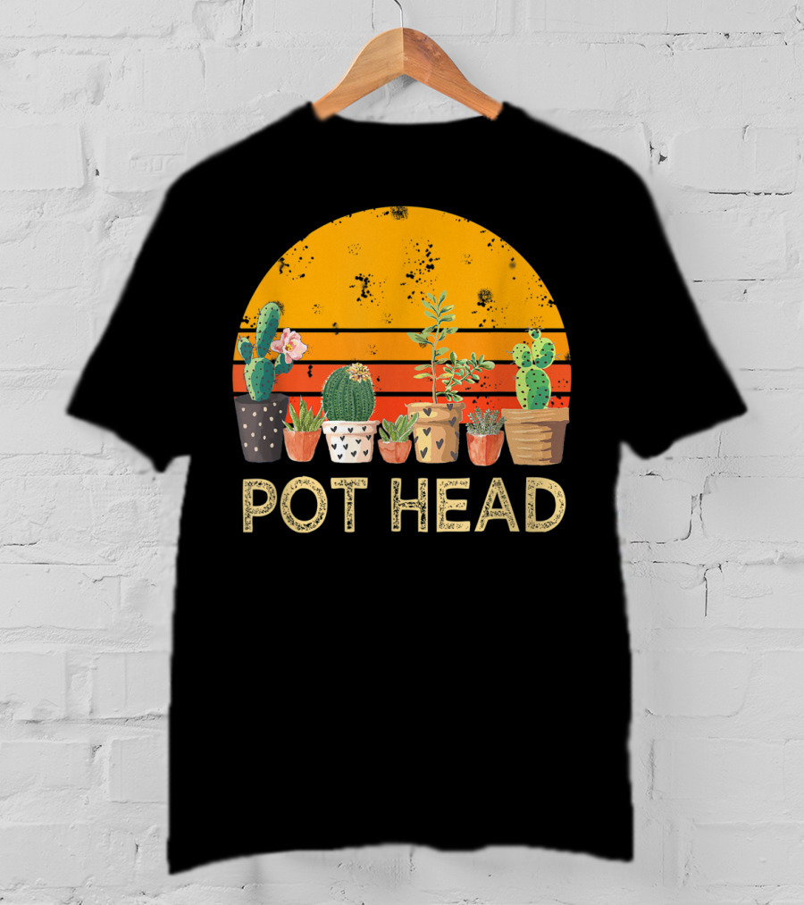 Pot Head Stone Flowers Cactus Vintage Sunset T-Shirt