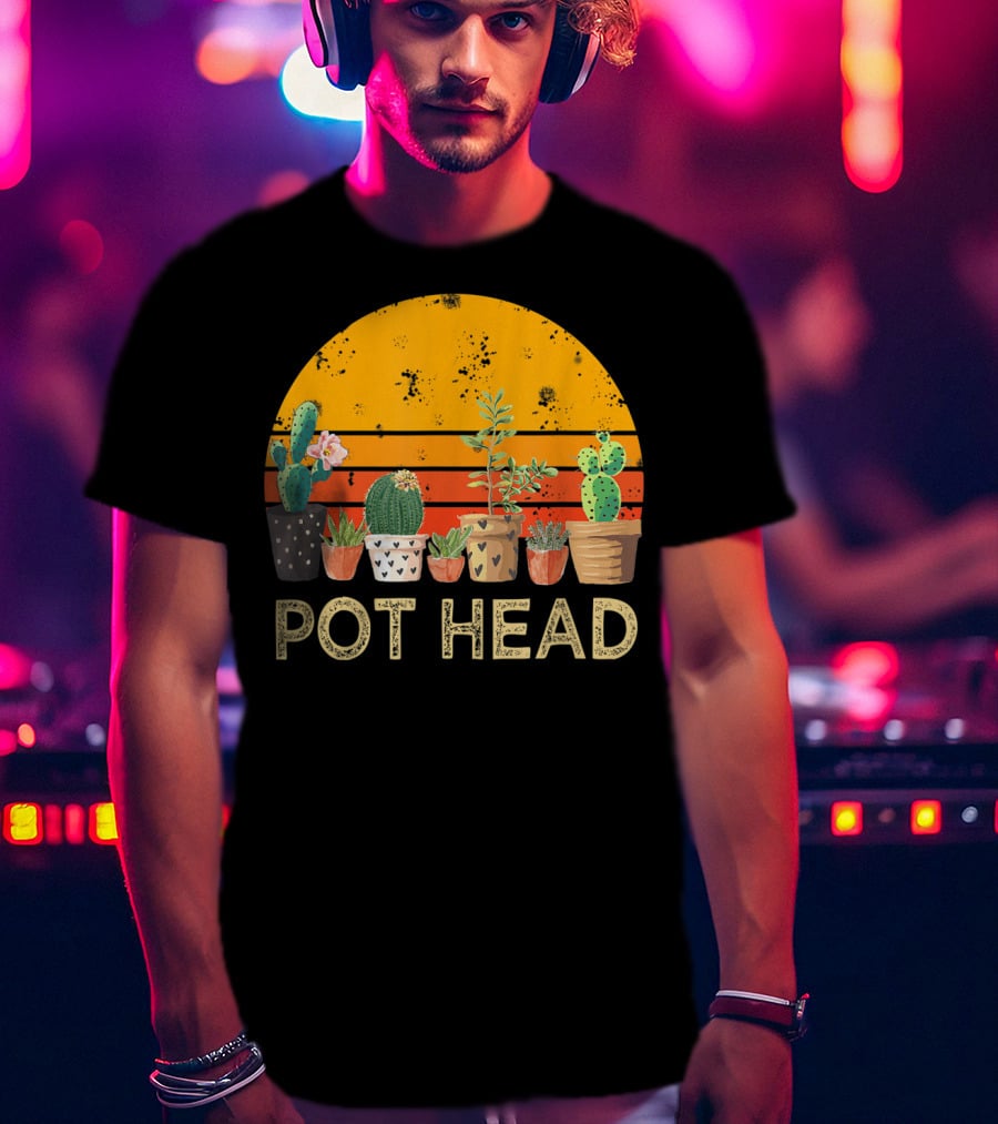 Pot Head Stone Flowers Cactus Vintage Sunset T-Shirt