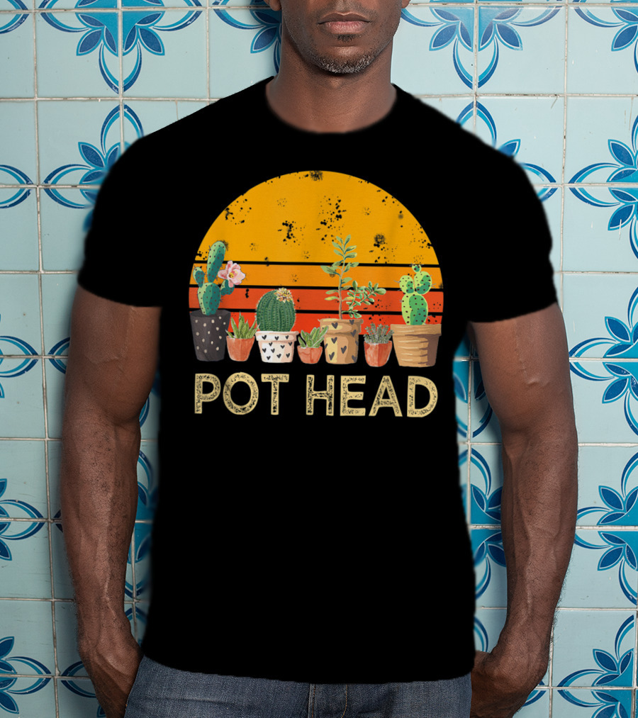 Pot Head Stone Flowers Cactus Vintage Sunset T-Shirt