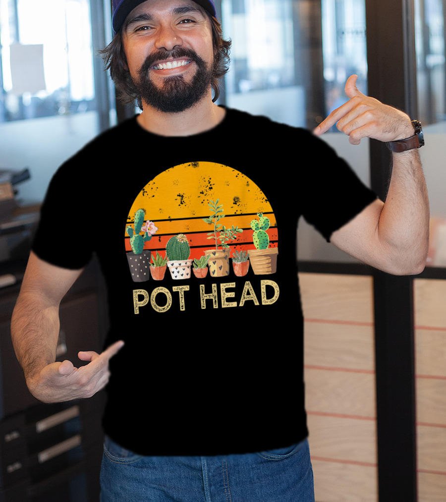 Pot Head Stone Flowers Cactus Vintage Sunset T-Shirt