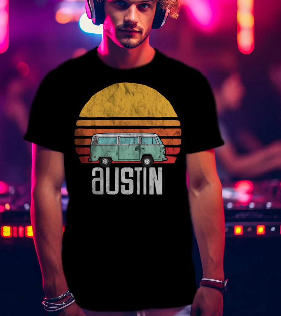 Retro Austin Texas Hippie Van Sunset Beach Bum Surfer T-Shirt