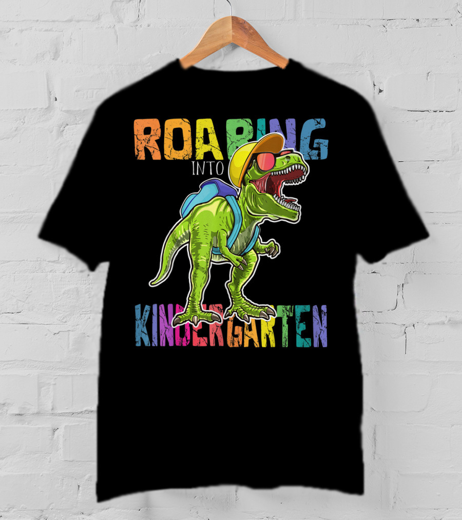 Roaring Into Kindergarten Dinosaur Rex With Backpack And Sunglasses T-Shirt