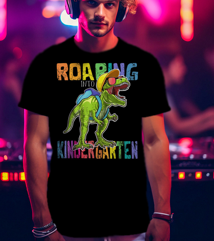 Roaring Into Kindergarten Dinosaur Rex With Backpack And Sunglasses T-Shirt