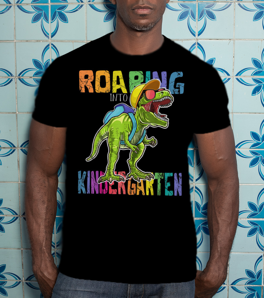 Roaring Into Kindergarten Dinosaur Rex With Backpack And Sunglasses T-Shirt