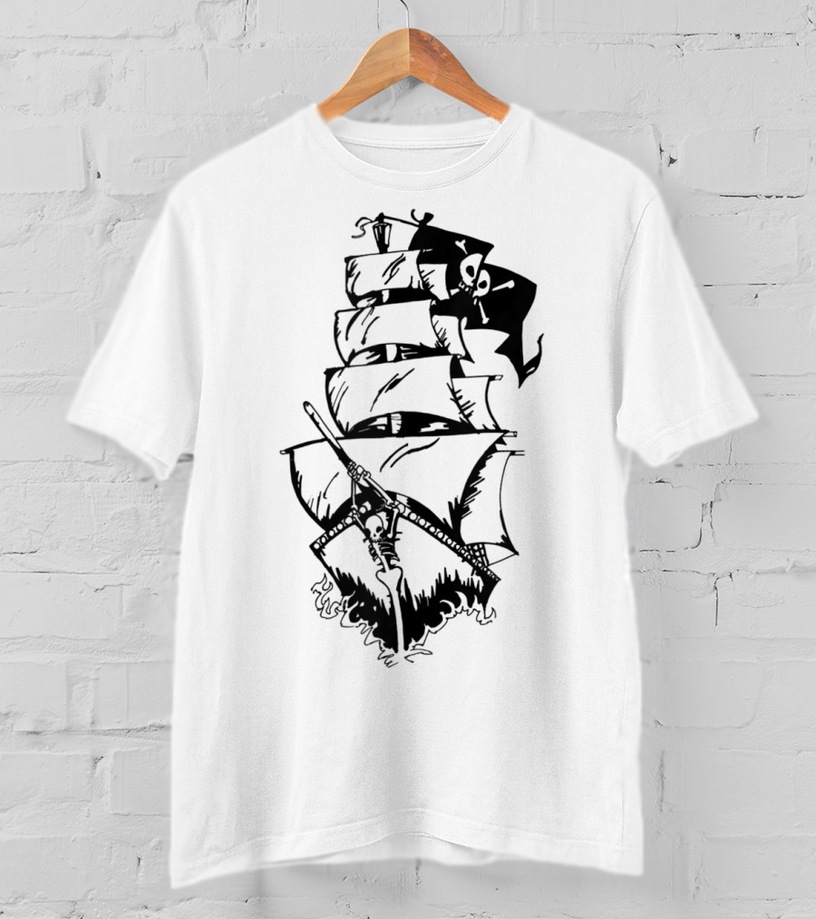 Pirate Ship With Jolly Roger Flag And Skeleton Captain T-Shirt