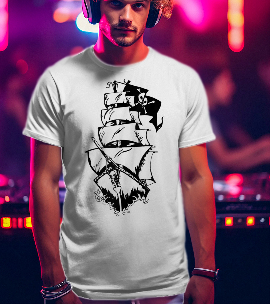 Pirate Ship With Jolly Roger Flag And Skeleton Captain T-Shirt