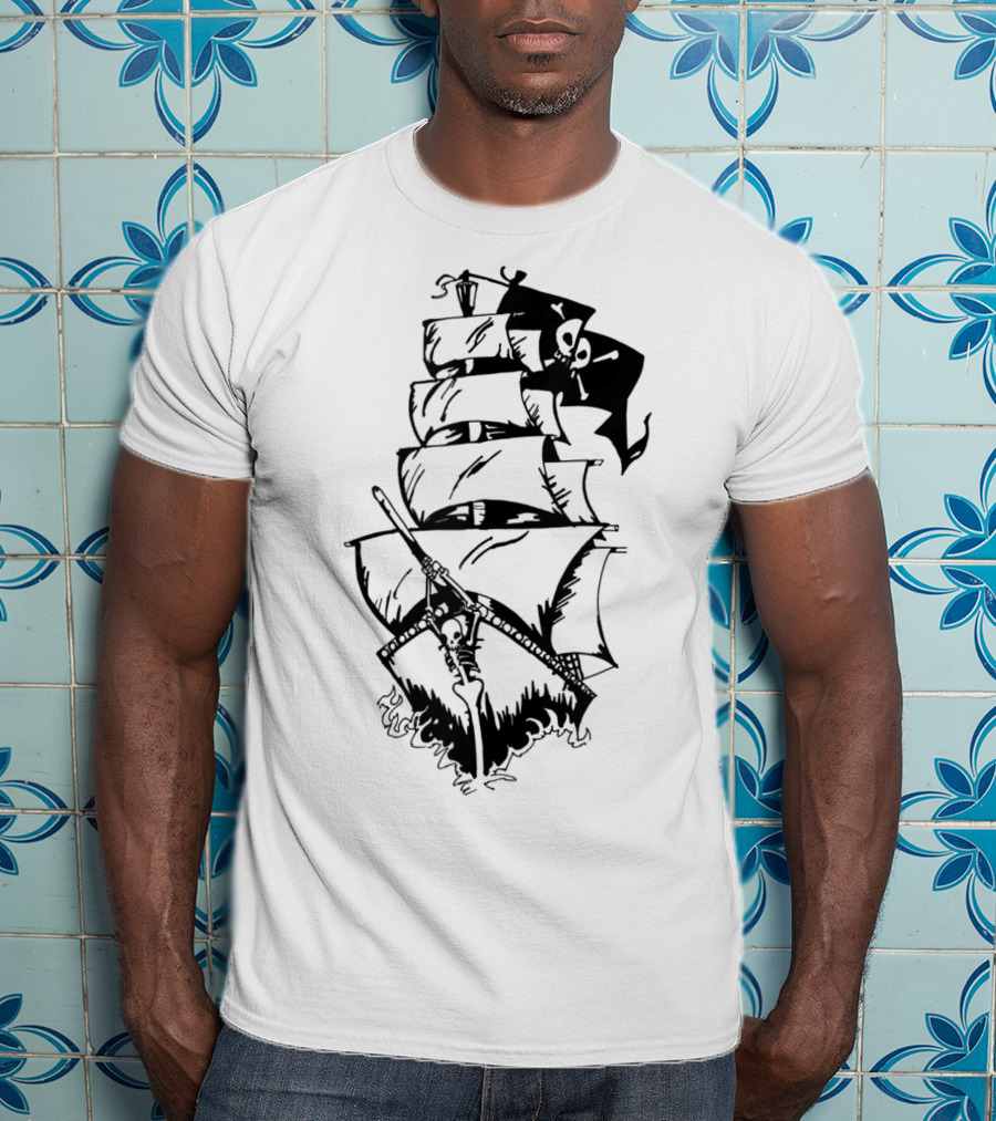 Pirate Ship With Jolly Roger Flag And Skeleton Captain T-Shirt
