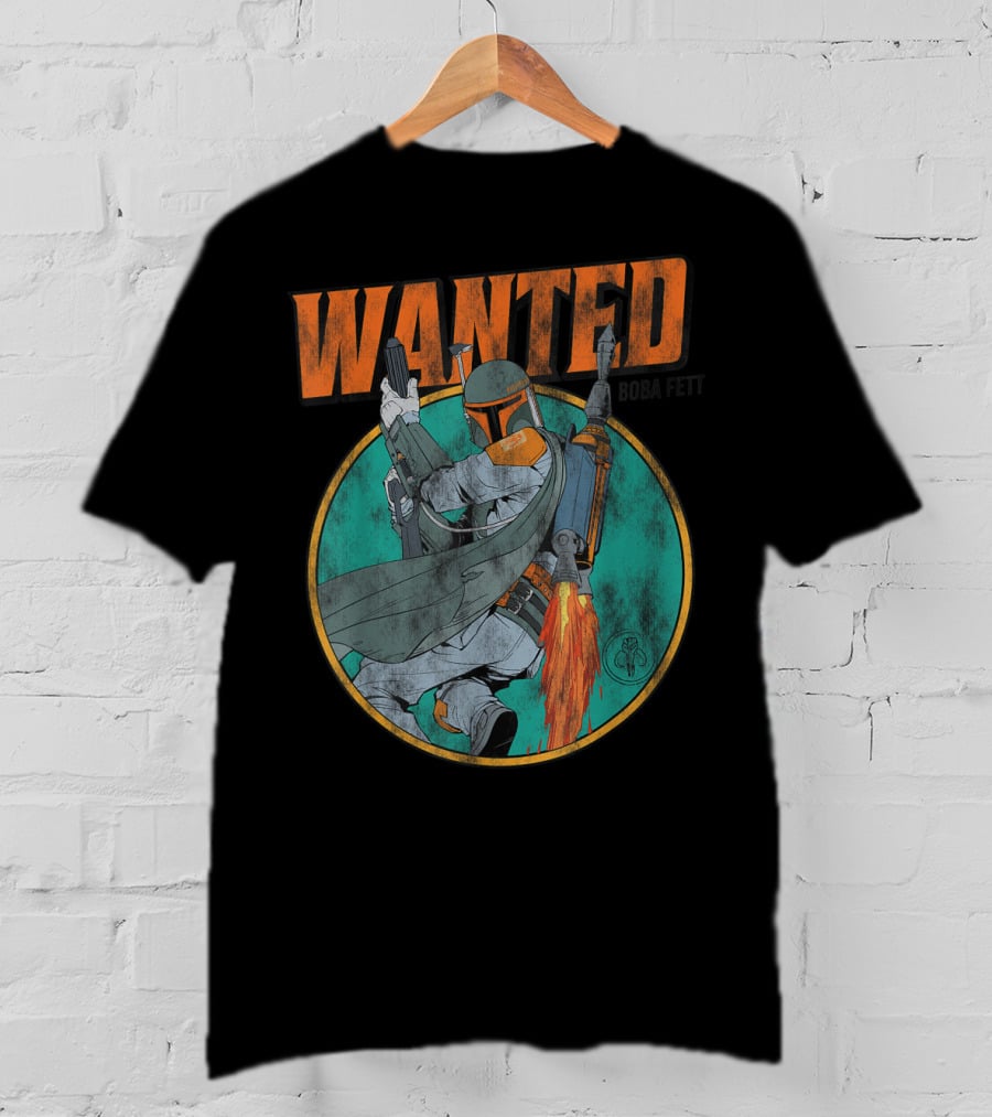 Wanted Boba Fett Star Wars Distressed Mandalorian Jetpack T-Shirt