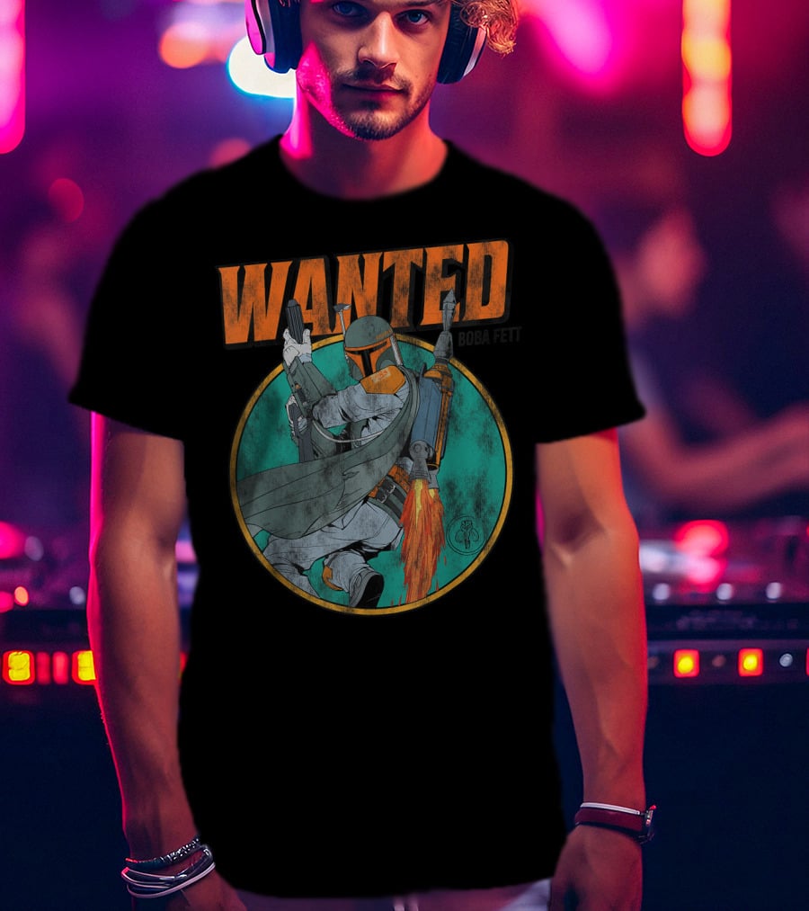 Wanted Boba Fett Star Wars Distressed Mandalorian Jetpack T-Shirt
