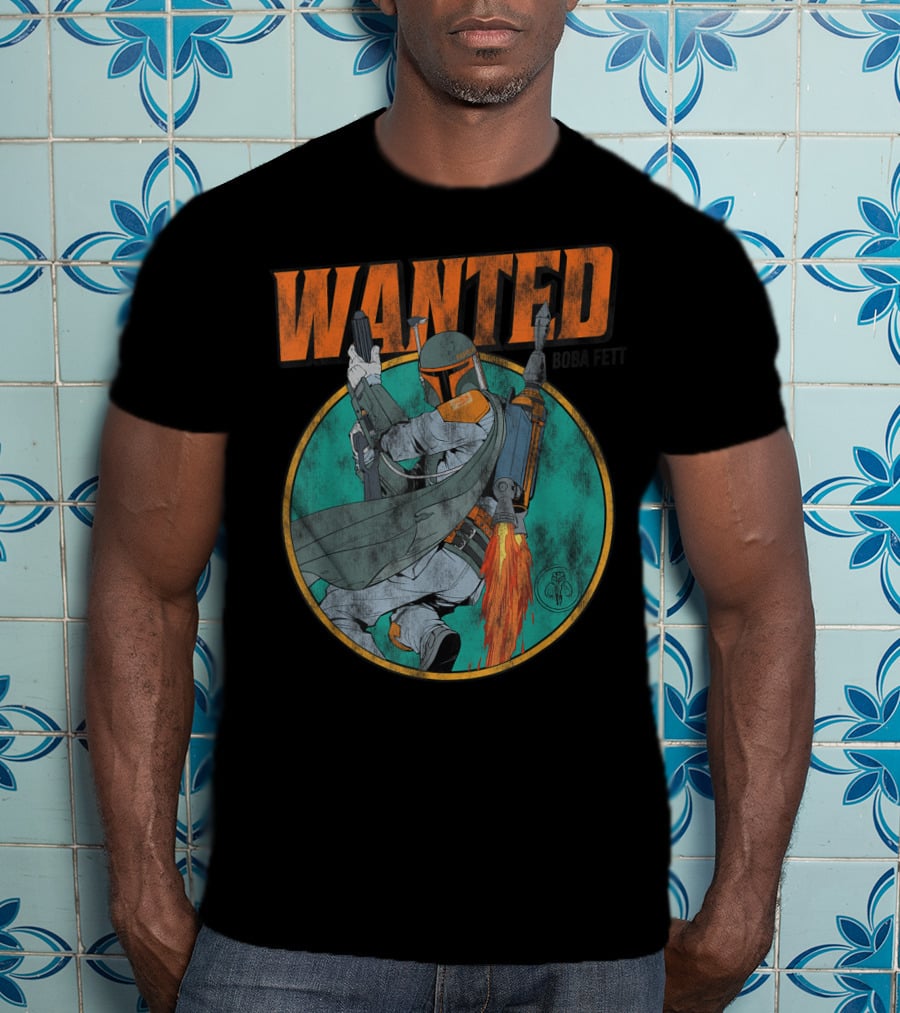 Wanted Boba Fett Star Wars Distressed Mandalorian Jetpack T-Shirt