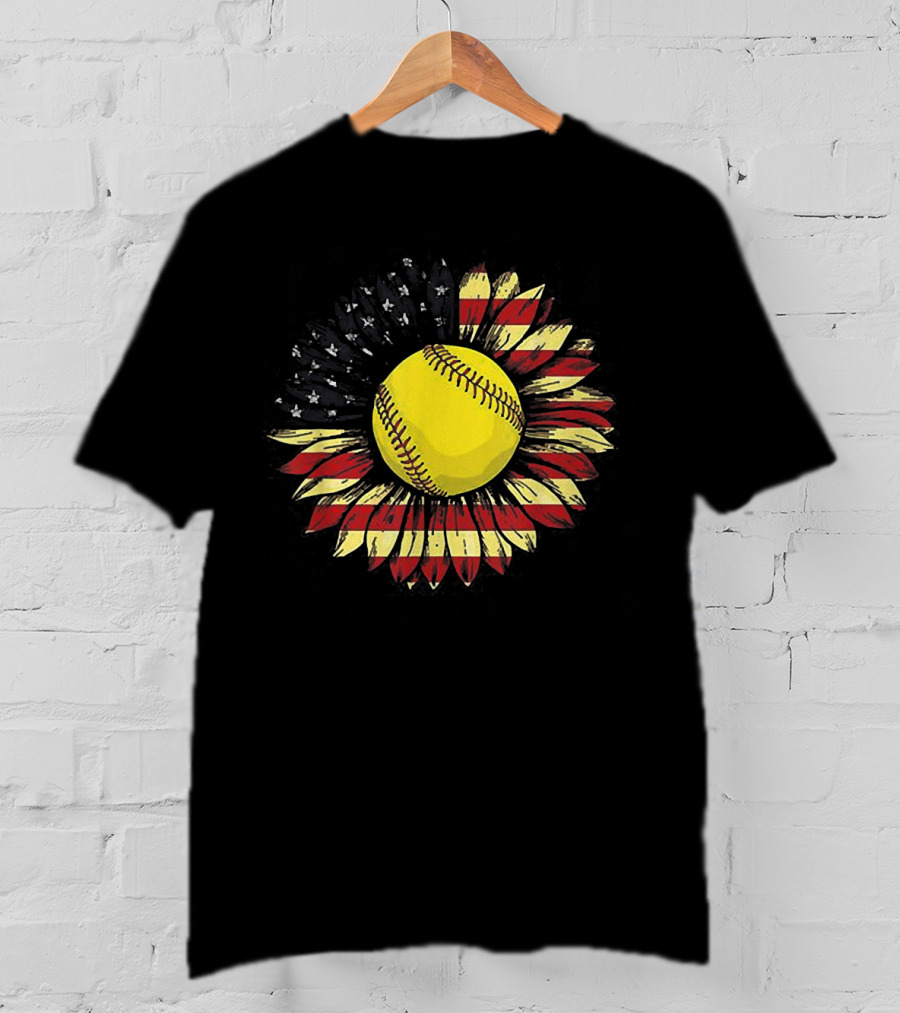 Sunflower Softball American Flag Baseball Stitching Sunflower Petals USA Colors T-Shirt