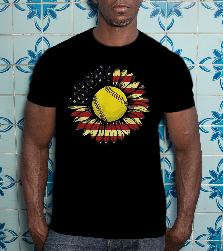 Sunflower Softball American Flag Baseball Stitching Sunflower Petals USA Colors T-Shirt