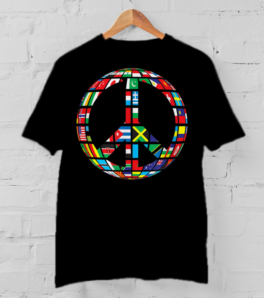 Global Peace Symbol With International Flags Multicultural Unity T-Shirt