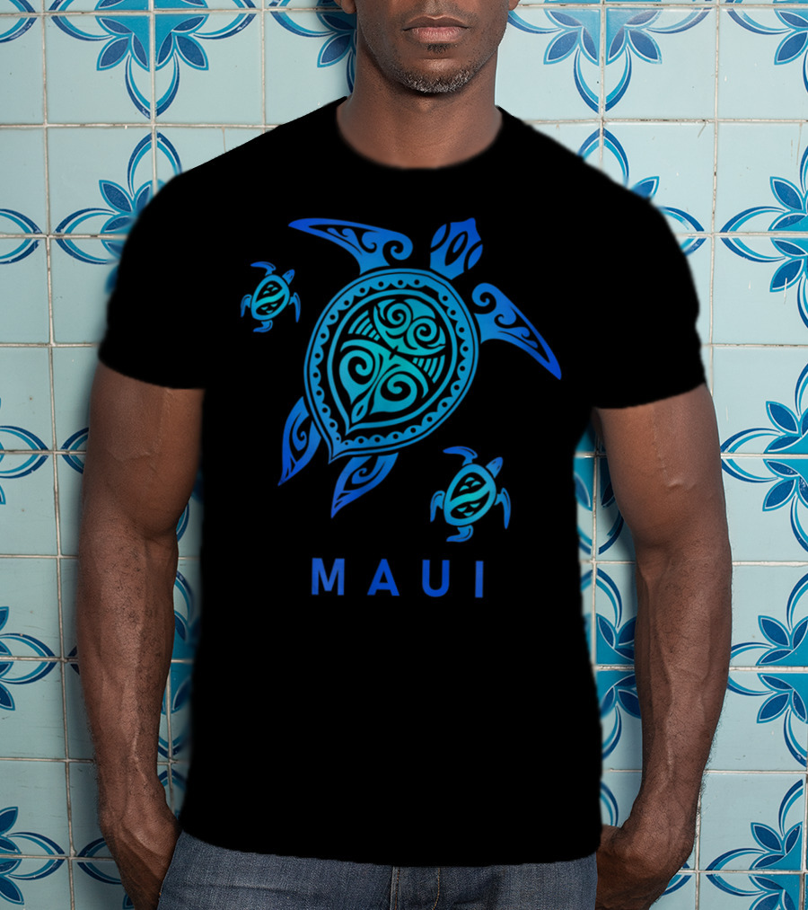 Maui Hawaii Blue Tribal Turtle T-Shirt