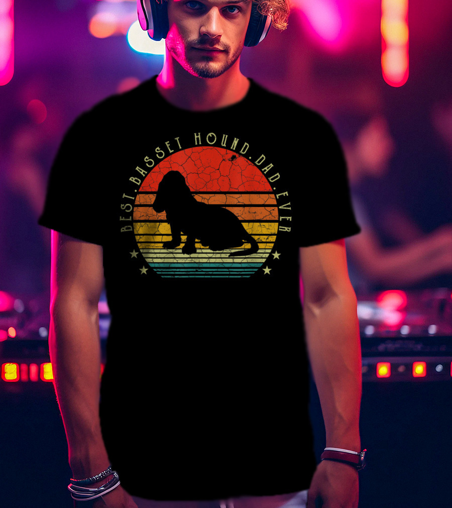 Best Basset Hound Dad Ever Dog Lover Mens Retro Sunset T-Shirt