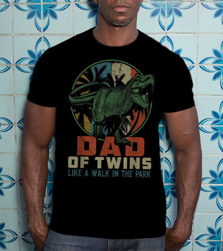 Dad Of Twins Like A Walk In The Park Dinosaur T-Shirt