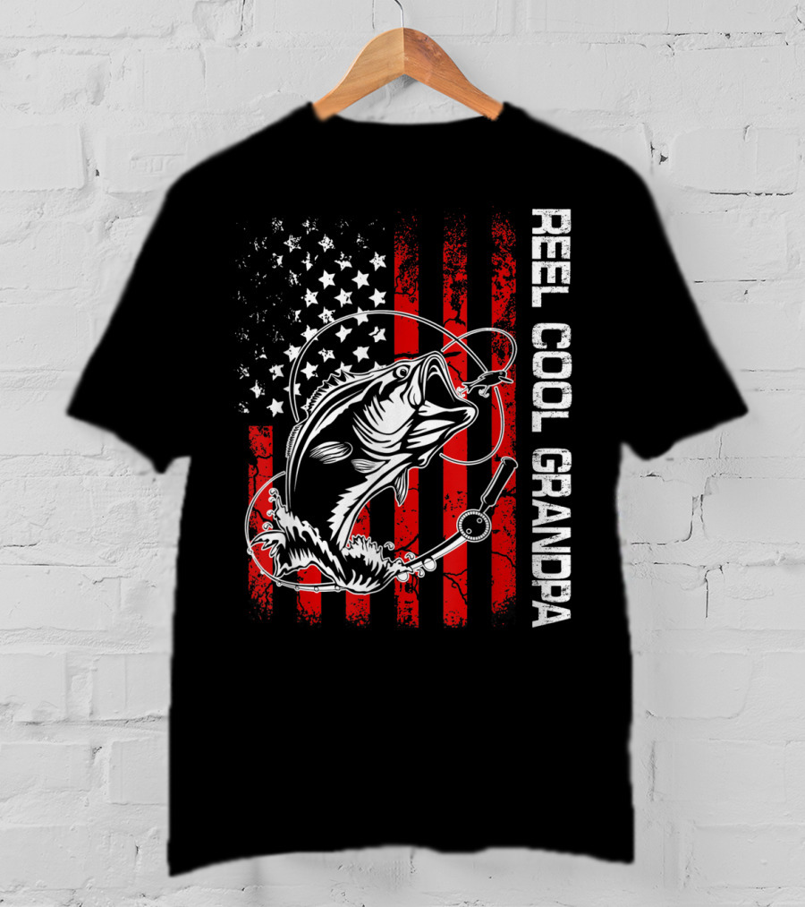 Reel Cool Grandpa American Flag Fishing Bass T-Shirt