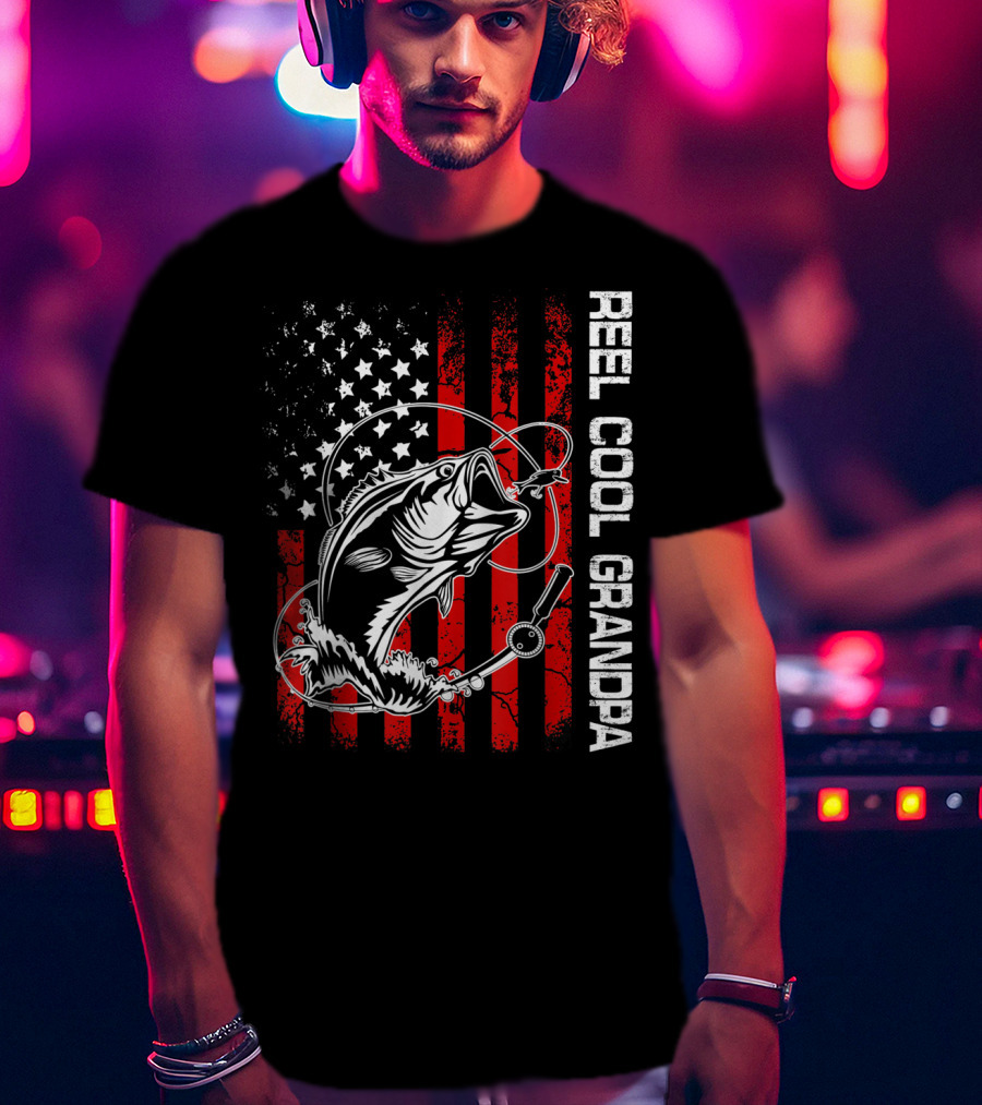 Reel Cool Grandpa American Flag Fishing Bass T-Shirt