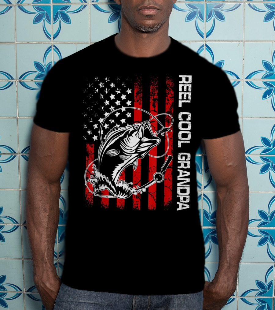 Reel Cool Grandpa American Flag Fishing Bass T-Shirt