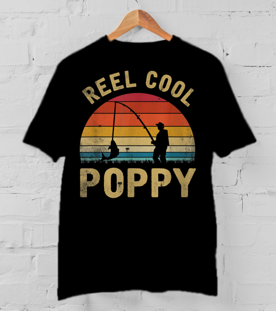 Reel Cool Poppy Vintage Fishing Silhouette Retro Sunset T-Shirt