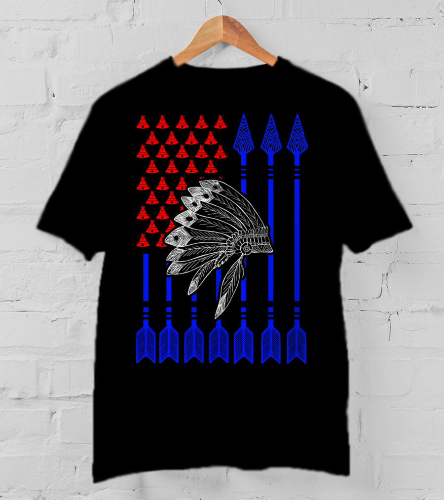 Native American Day Headdress Red Teepees Blue Arrows Flag T-Shirt