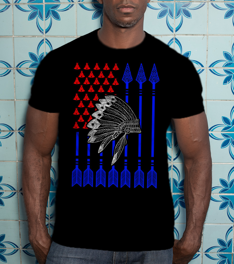 Native American Day Headdress Red Teepees Blue Arrows Flag T-Shirt