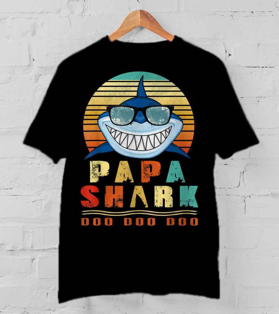 Papa Shark Doo Doo Doo Cool Sunglasses Retro Sunset Vibe T-Shirt