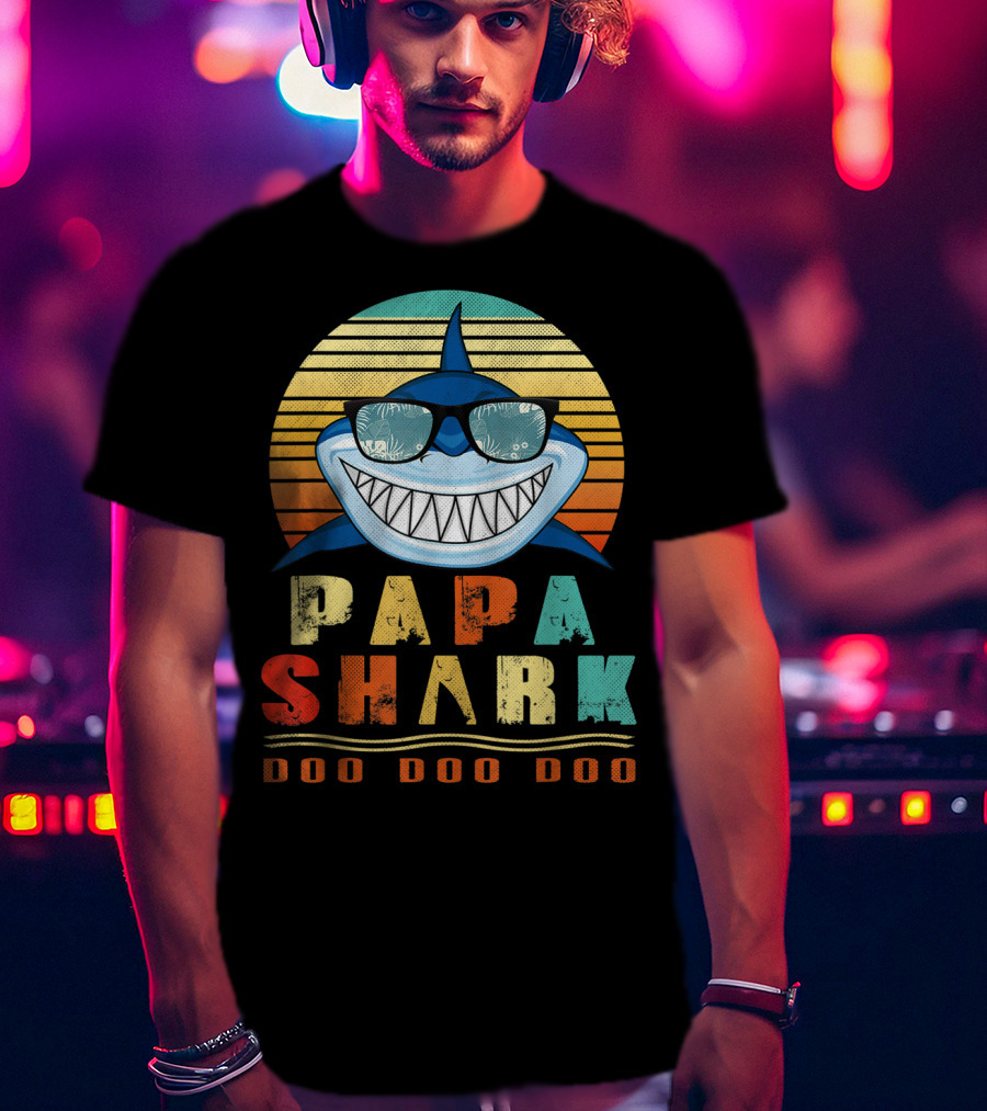 Papa Shark Doo Doo Doo Cool Sunglasses Retro Sunset Vibe T-Shirt