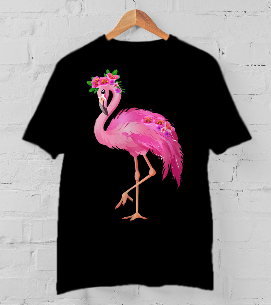 Pink Flamingo With Watercolor Hawaiian Flower Crown And Feathers T-Shirt