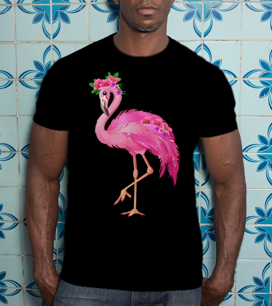 Pink Flamingo With Watercolor Hawaiian Flower Crown And Feathers T-Shirt