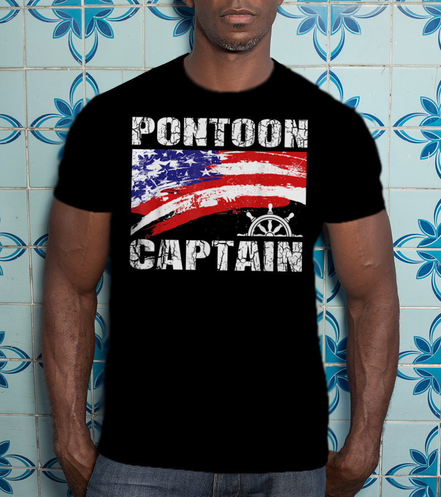 Pontoon Captain American Flag Steering Wheel Dad Boating T-Shirt