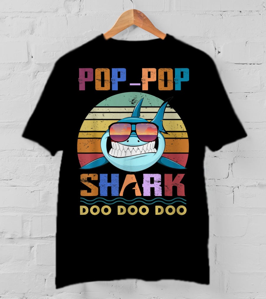 POP POP SHARK DOO DOO DOO Vintage Sunset Sunglasses Shark T-Shirt