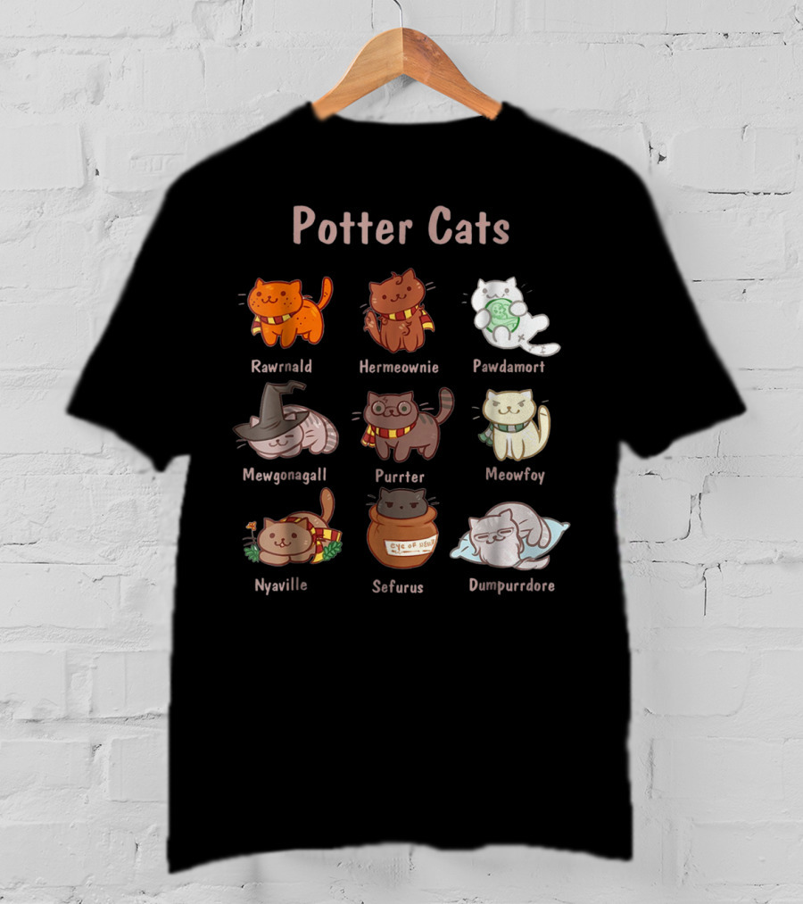 Potter Cats Rawrnald Hermeownie Pawdamort Mewgonagall Purrter Meowfoy Nyaville Sefurus Dumpurrdore Funny Cat Lovers T-Shirt