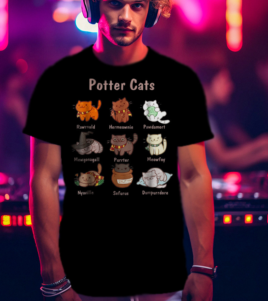 Potter Cats Rawrnald Hermeownie Pawdamort Mewgonagall Purrter Meowfoy Nyaville Sefurus Dumpurrdore Funny Cat Lovers T-Shirt