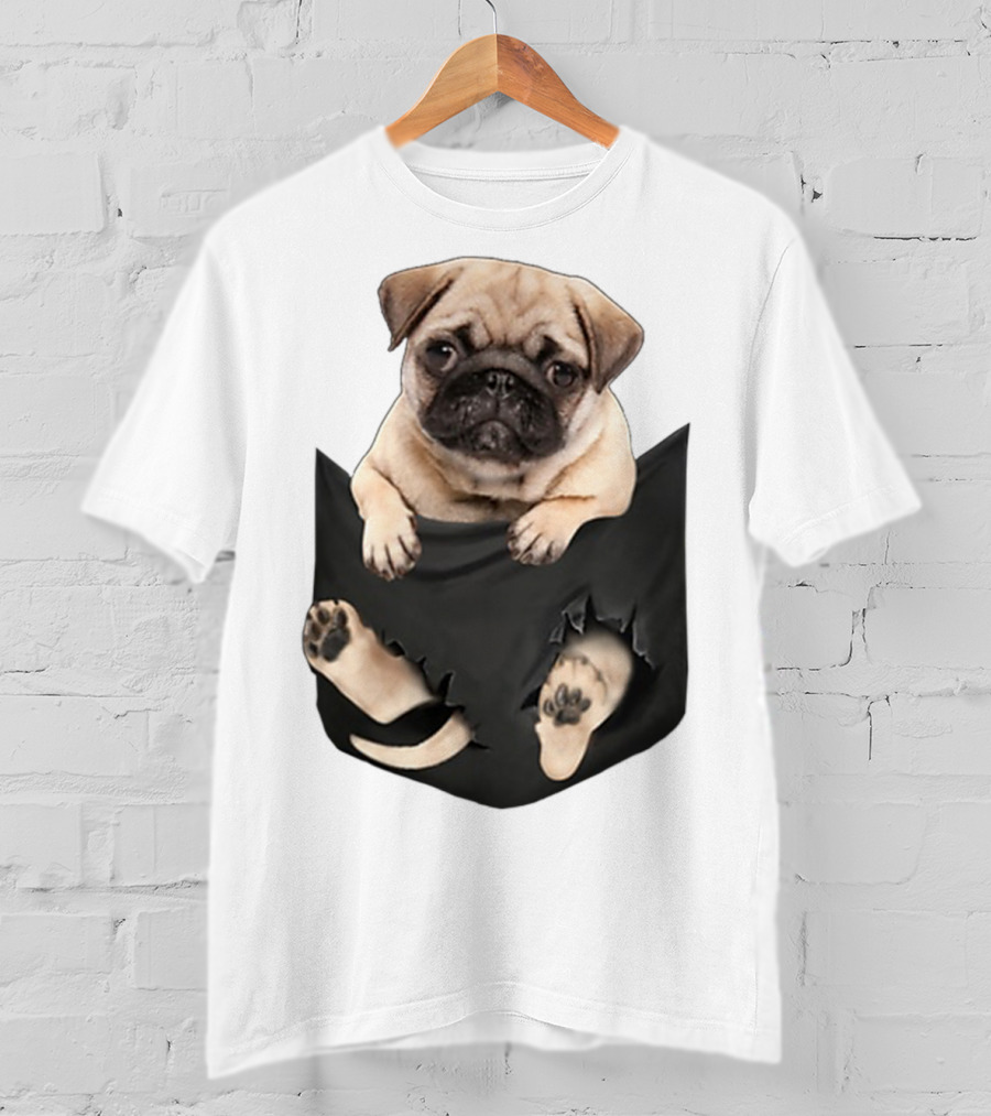 Pug Peeking Out Of Pocket With Paws Poking Through T-Shirt