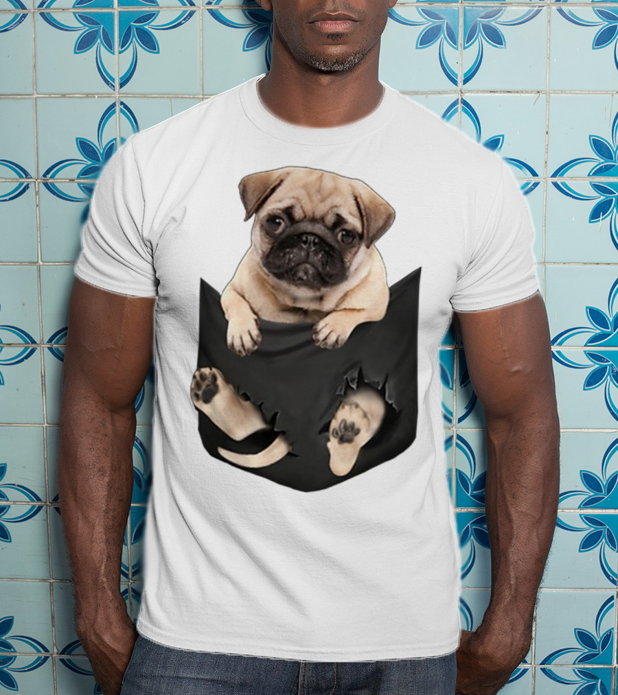 Pug Peeking Out Of Pocket With Paws Poking Through T-Shirt